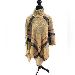 Camel, Black and Red Turtleneck Poncho in Acrylic Womens M/L